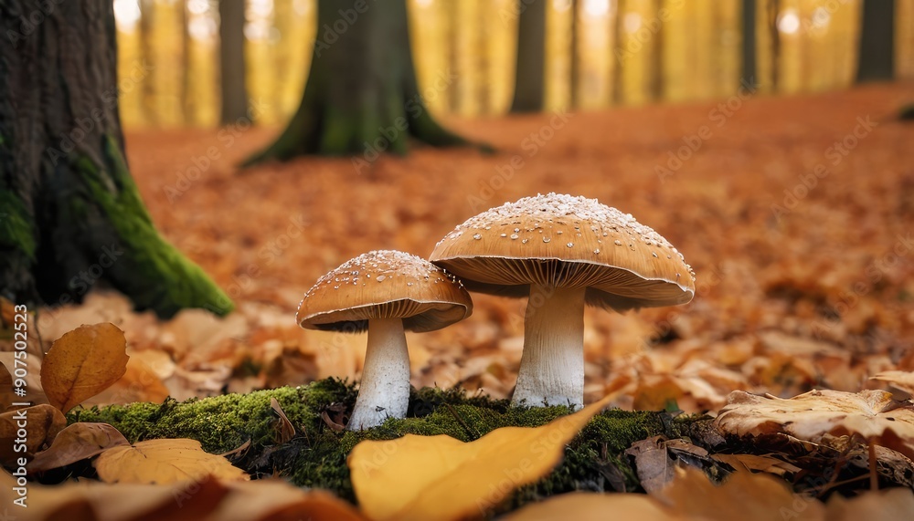 Vibrant orange mushrooms sprout among a carpet of fallen leaves in a serene autumn forest, creating a picturesque and tranquil nature setting Vibrant orange mushrooms sprout among a carpet of fallen leaves in a serene autumn forest, creating a picturesque and tranquil nature setting
