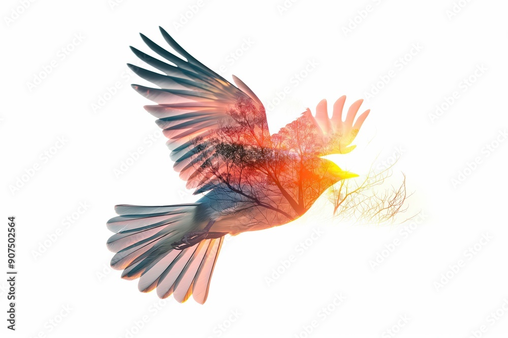 Bird flying showing freedom with sunset and trees double exposure