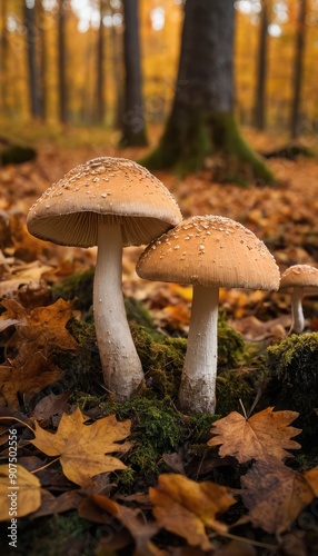 Orange-capped mushrooms stand tall on the forest floor, surrounded by dry autumn leaves, with a blurred background of towering trees in the distance