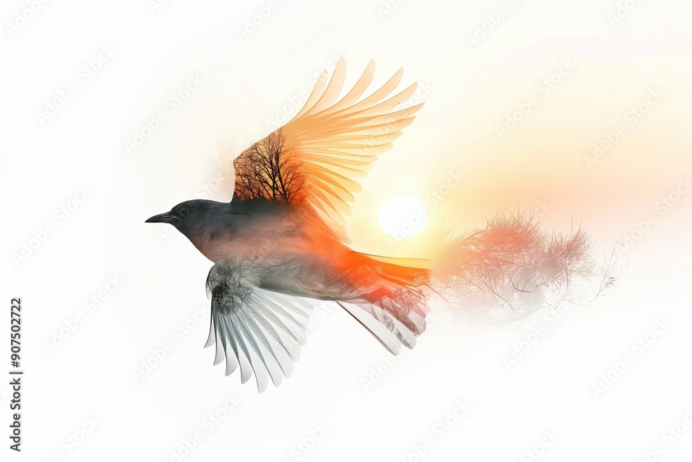 Bird flying with sunset and tree silhouette double exposure Bird flying with sunset and tree silhouette double exposure