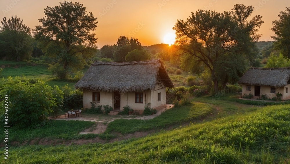 Obraz premium sunset in the village