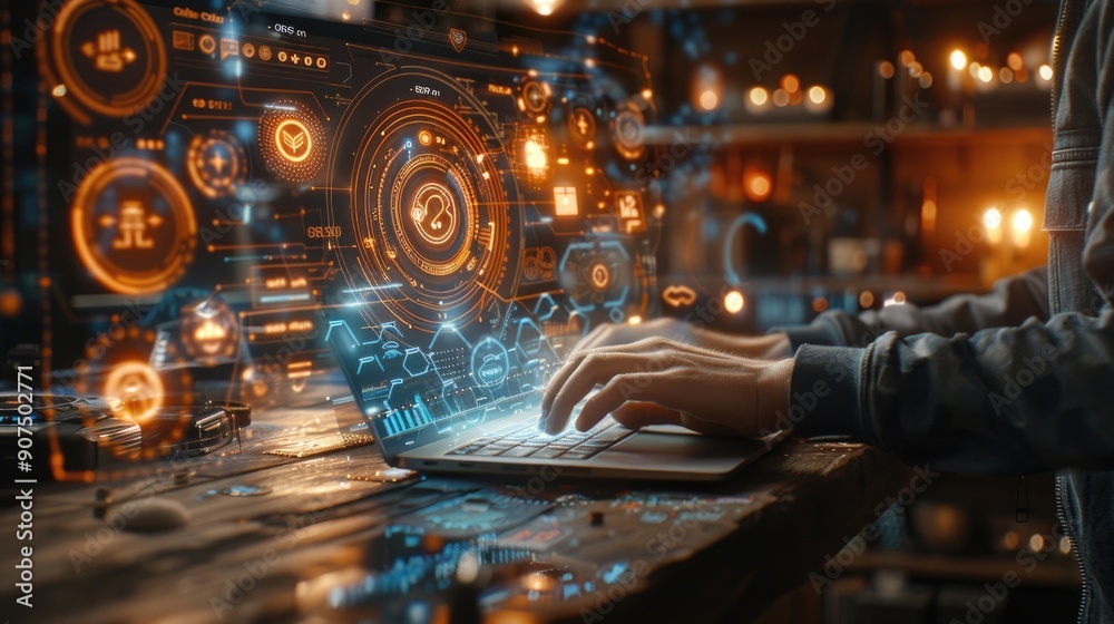 A person using a laptop in a dimly lit room, surrounded by holographic data and futuristic interface elements. The scene emphasizes technology and cybersecurity themes. A person using a laptop in a dimly lit room, surrounded by holographic data and futuristic interface elements. The scene emphasizes technology and cybersecurity themes.