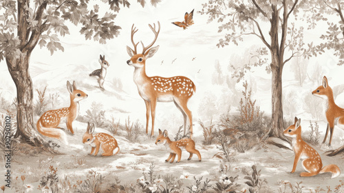 Animal wallpaper with forest scenes for kids, featuring deer, foxes, and bunnies, perfect for nurseries or kids' rooms.