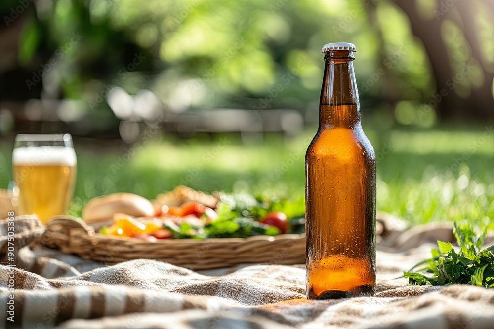 Refreshing beverage bottled amidst a lush green picnic setting during daylight hours Refreshing beverage bottled amidst a lush green picnic setting during daylight hours