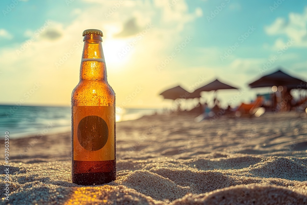 Golden sunset over tropical beach with chilled bottle of beverage on sandy shore Golden sunset over tropical beach with chilled bottle of beverage on sandy shore