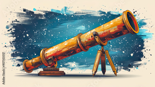 Antique brass telescope is pointing at the starry night sky over water