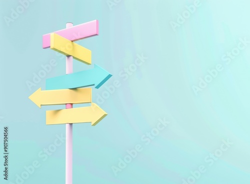 Colorful signpost with pastel arrows against a light blue background.