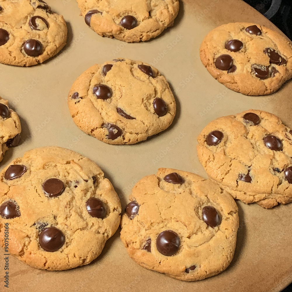 Close-up view of chocolate chip cookies on a stone baking pan. Close-up view of chocolate chip cookies on a stone baking pan.