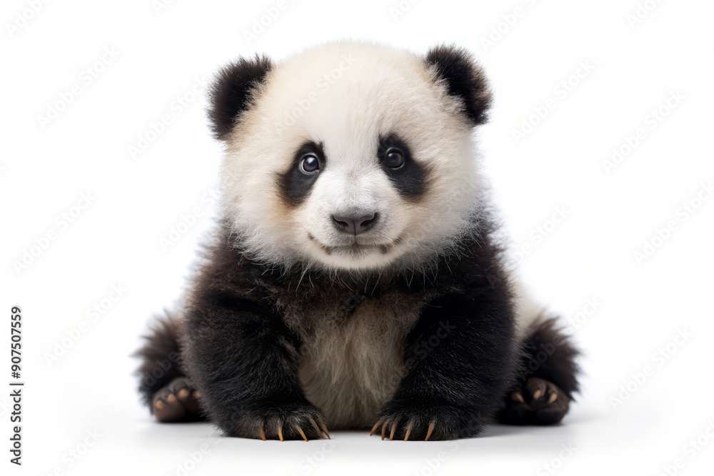 Adorable Panda Cub Sitting on White Background. Adorable Panda Cub Sitting on White Background.