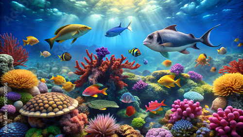 The underwater world has a variety of marine animals, corals, sunlight, and looks completely natural.