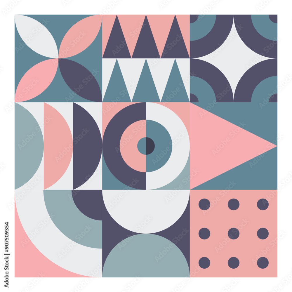Obraz premium Abstract Bauhaus geometric pattern background, vector circle, triangle and square lines color art design. Colorful Bauhaus pattern background.