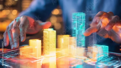 An architect employs holographic tools, analyzing and designing future-focused building blueprints.