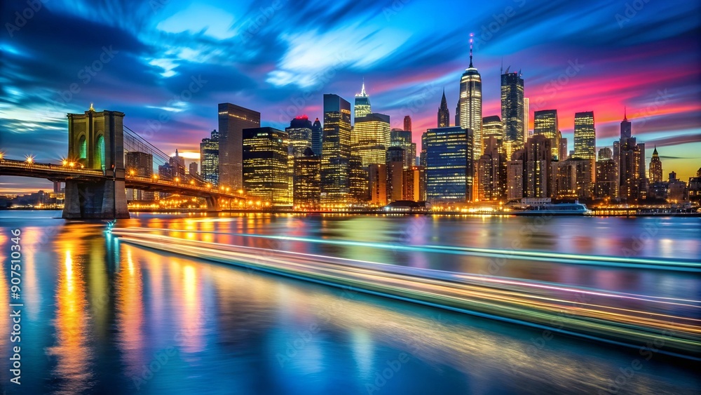 Obraz premium The Neon River: A Symphony of Light on the East River generative AI