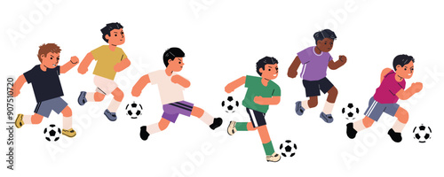 Soccer players set. Sports men playing football game, running with ball. Athlete characters in motion, kicking, hitting with foot. Flat vector illustration isolated on white background.