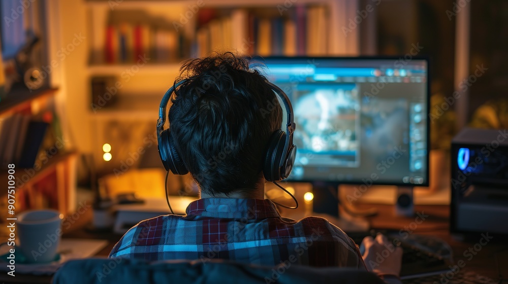 Casual-dressed man in self-isolation teleworking with headset on, sitting in front of computer during epidemic for remote work concept Casual-dressed man in self-isolation teleworking with headset on, sitting in front of computer during epidemic for remote work concept