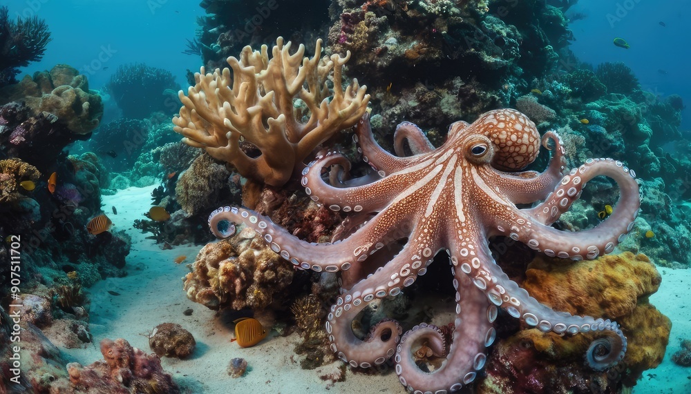 The image captures a striking orange octopus nestled among coral reefs, highlighting its intricate tentacles and the vibrant hues of its underwater habitat The image captures a striking orange octopus nestled among coral reefs, highlighting its intricate tentacles and the vibrant hues of its underwater habitat