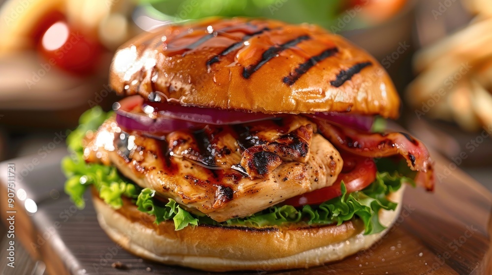 Grilled Chicken Burger with Bacon and Onion Grilled Chicken Burger with Bacon and Onion
