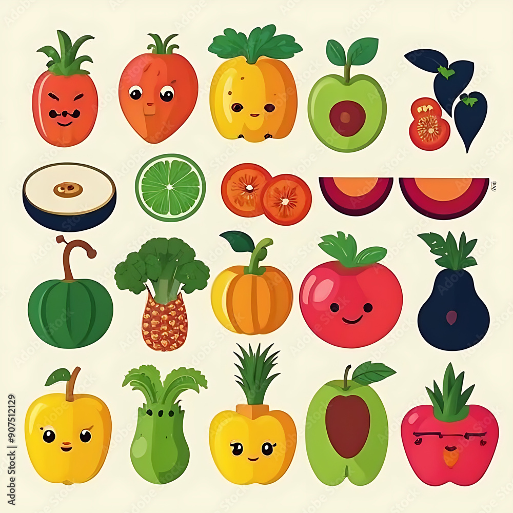 Fruits with eyes, smiling fruits, illustration of fruits Fruits with eyes, smiling fruits, illustration of fruits