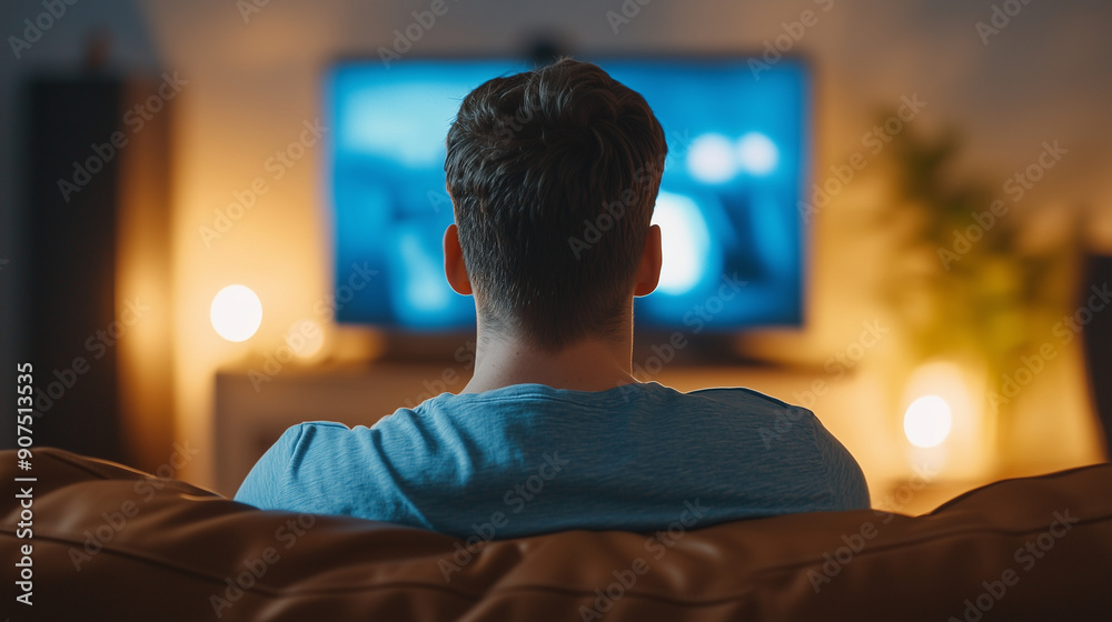 Rearview of Adult Man Sitting in Living Room on Brown Leather Armchair - Relaxing and Watching TV Program at Night, Leisure Entertainment Photo Rearview of Adult Man Sitting in Living Room on Brown Leather Armchair - Relaxing and Watching TV Program at Night, Leisure Entertainment Photo