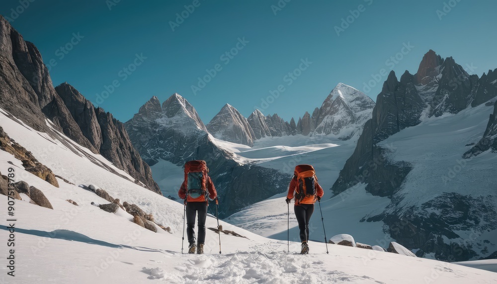 Two climbers in bright jackets trek through a snowy mountain range under a clear blue sky, enjoying breathtaking views of the majestic peaks Two climbers in bright jackets trek through a snowy mountain range under a clear blue sky, enjoying breathtaking views of the majestic peaks