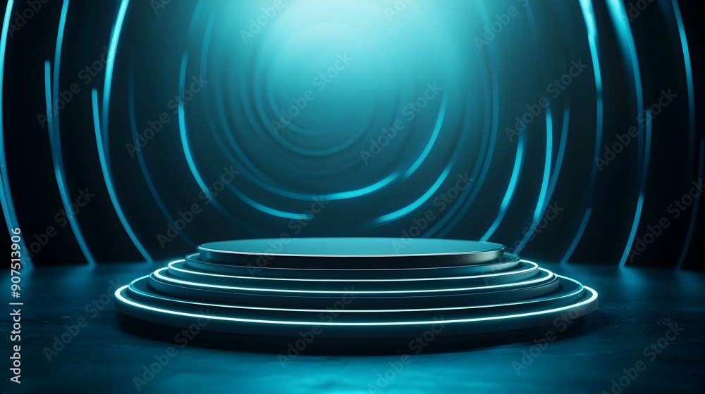 Fototapeta premium Futuristic Dark Podium with Glowing Light and Reflection in Minimal Studio Background