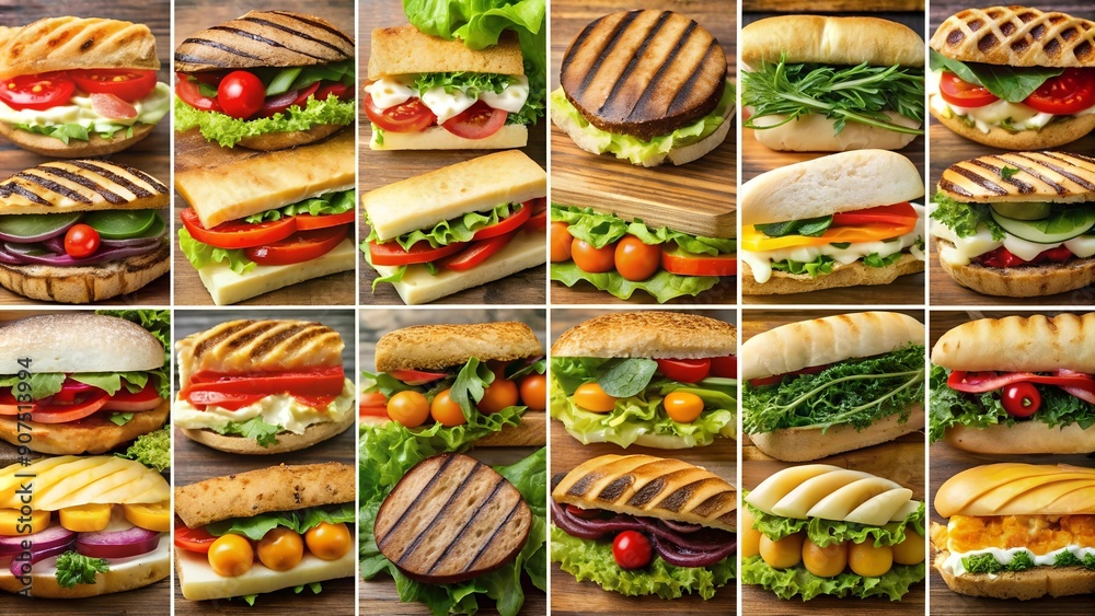 Fototapeta premium A Panoramic View of a Panini: A Colorful Collage of Ingredients generative AI