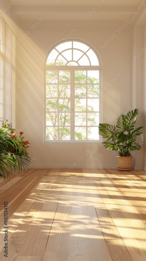 Sunlight streaming through an arched window, illuminating a wooden floor. Sunlight streaming through an arched window, illuminating a wooden floor.