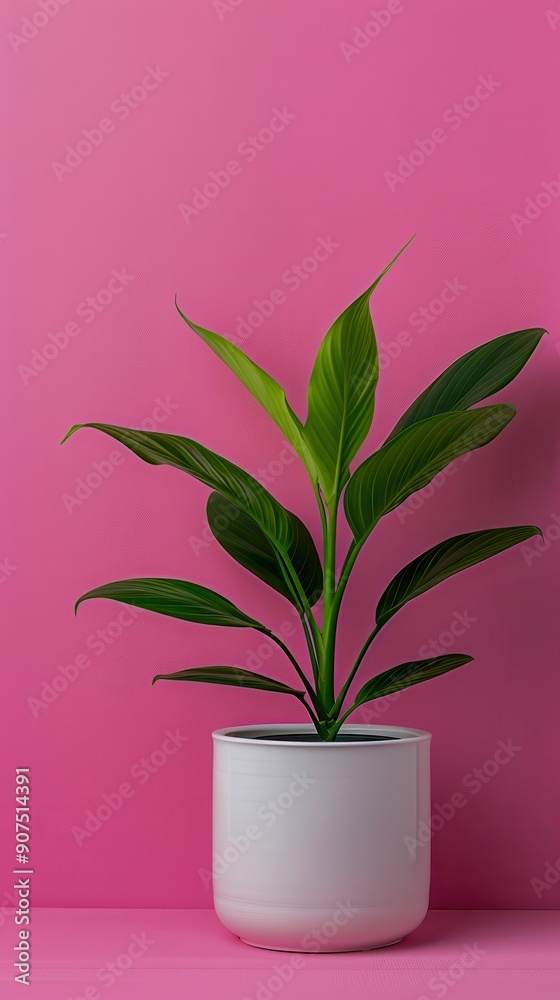 Minimalist Houseplant in White Pot Against Pink Background Minimalist Houseplant in White Pot Against Pink Background