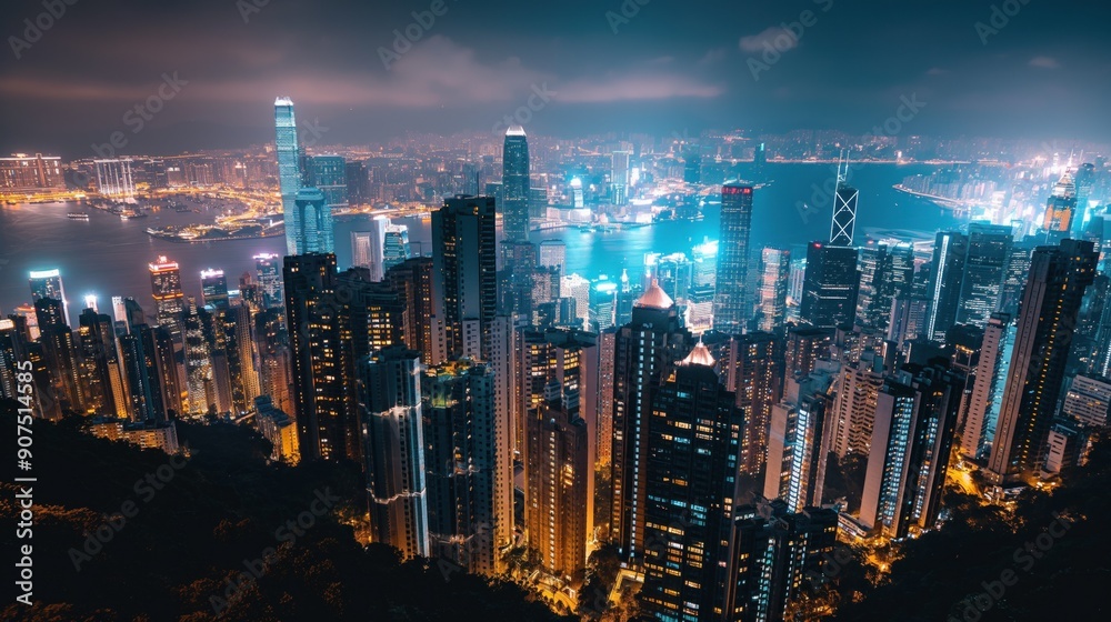 Aerial view of a bustling cityscape at night, illuminated by thousands of lights The skyline is a mesmerizing blend of towering skyscrapers and historical buildings, showcasing urban diversity Aerial view of a bustling cityscape at night, illuminated by thousands of lights The skyline is a mesmerizing blend of towering skyscrapers and historical buildings, showcasing urban diversity