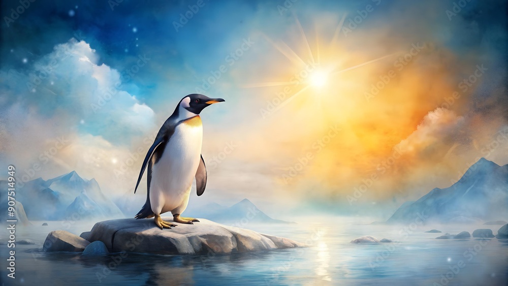 Fototapeta premium A Penguin's Rocky Perch: A Watercolor Study of Serenity Generative AI