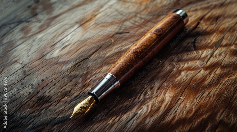 Naklejka premium Exclusive pen on a wooden backdrop