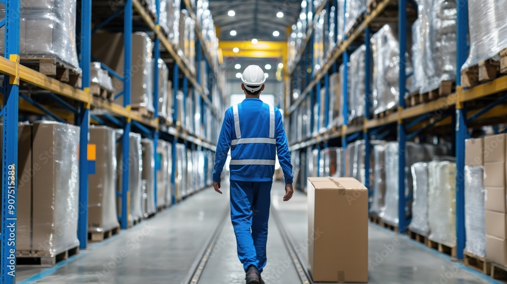 A worker in safety gear walks through a warehouse aisle surrounded by stacked boxes, preparing for shipping tasks in a well-organized distribution center A worker in safety gear walks through a warehouse aisle surrounded by stacked boxes, preparing for shipping tasks in a well-organized distribution center