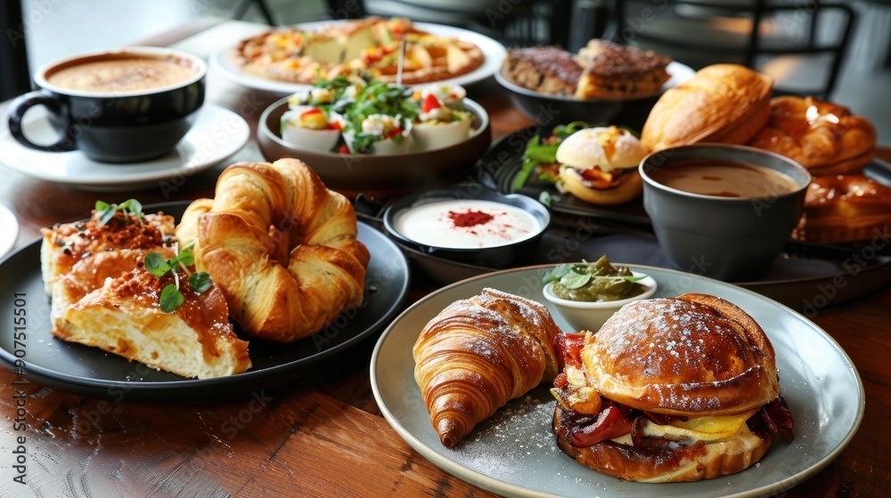 Delicious pastries and coffee on a wooden table. Delicious pastries and coffee on a wooden table.