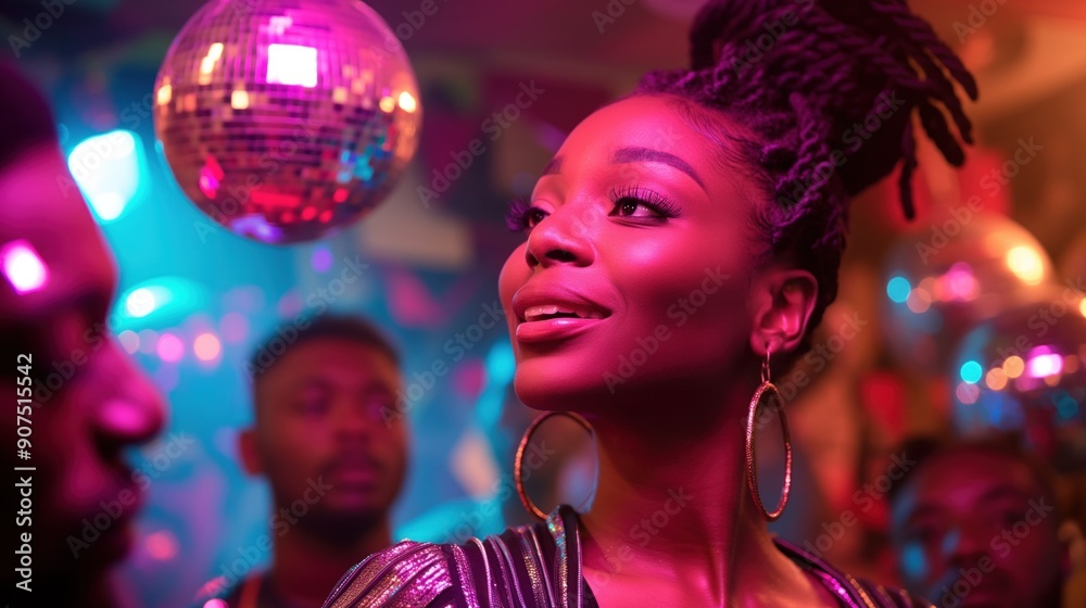 A woman enjoys herself at a lively dance party, illuminated by colorful lights and surrounded by friends, creating an atmosphere filled with excitement and fun A woman enjoys herself at a lively dance party, illuminated by colorful lights and surrounded by friends, creating an atmosphere filled with excitement and fun