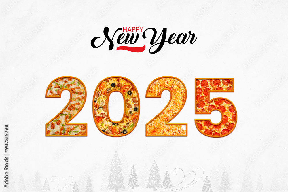 Happy New Year 2025 text design. Cover of business diary for 2025 with pizza. Brochure design template, card Happy New Year 2025 text design. Cover of business diary for 2025 with pizza. Brochure design template, card