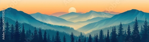Serene mountains, herbal plants, flat design illustration