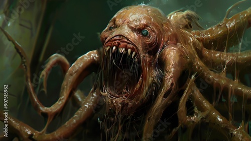 A grotesque creature with multiple tentacles and sharp teeth emerges from murky waters, illuminated by a faint moonlight in a shadowy forest