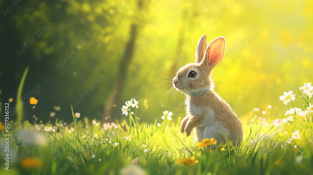 Obraz premium Small, playful rabbit hopping through a sunny meadow.