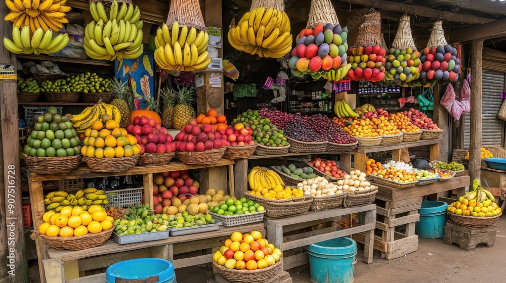 custom made wallpaper toronto digitalA busy market showcases an array of fresh fruits in vibrant colors, neatly arranged in baskets, inviting shoppers to select their favorites under the afternoon sun