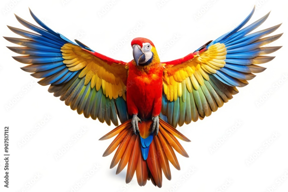 Fototapeta premium Colorful Macaw Parrot with Spread Wings Isolated on White Background.