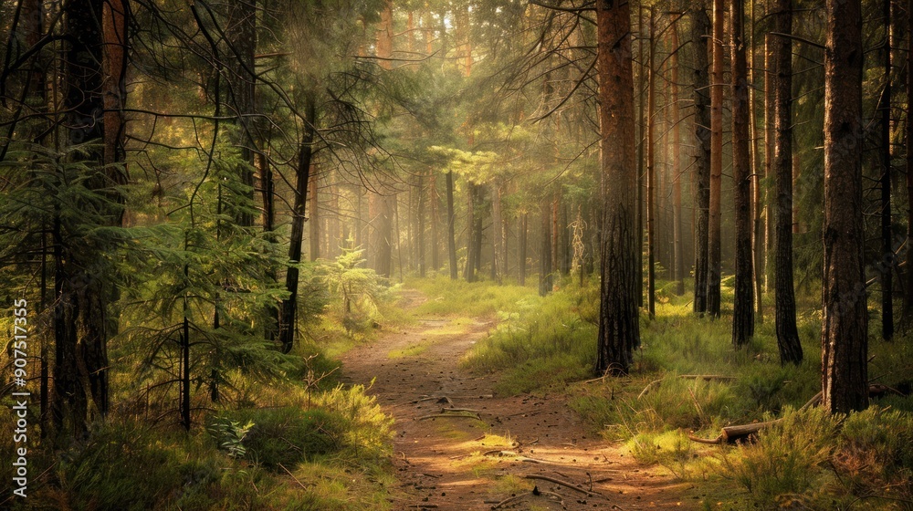 Fototapeta premium Sunbeams in a misty forest.