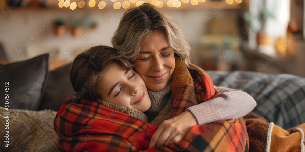 A woman and a child are cuddling under a blanket. The woman is smiling and the child is looking up at her. Concept of warmth and comfort, as the two are sharing a moment of closeness and affection A woman and a child are cuddling under a blanket. The woman is smiling and the child is looking up at her. Concept of warmth and comfort, as the two are sharing a moment of closeness and affection