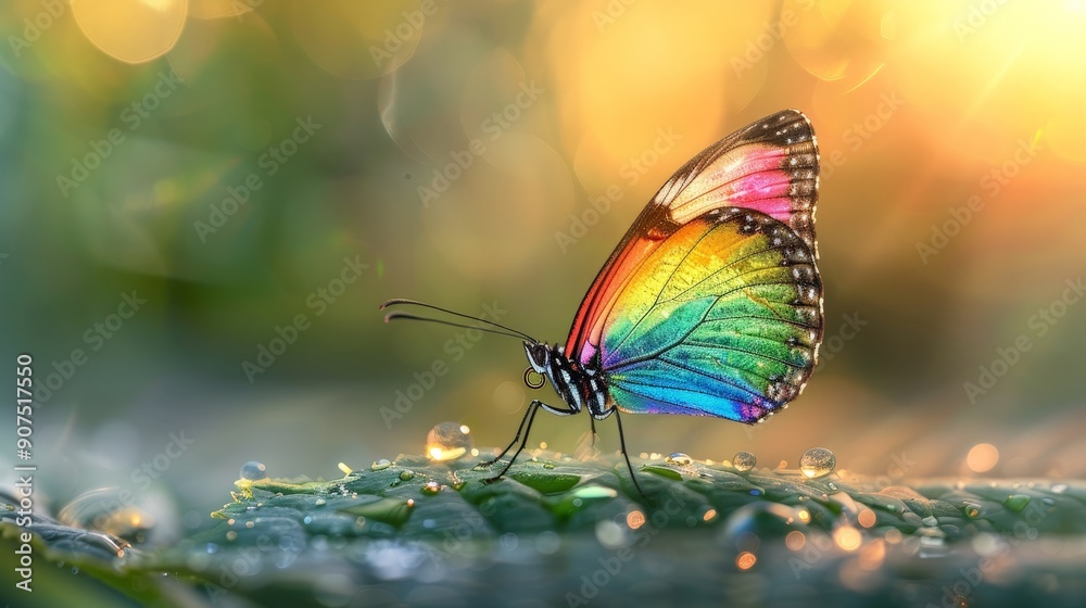 Fototapeta premium Vibrant Rainbow Butterfly Perched on Green Leaf with Majestic Valley and Rising Sun in Background