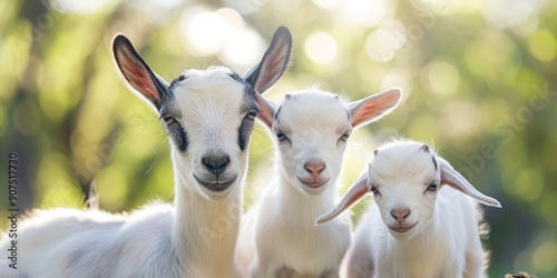 Three goats are standing next to each other, with one of them laying down. The goats are all white and have black spots on their faces. The scene is peaceful and calm