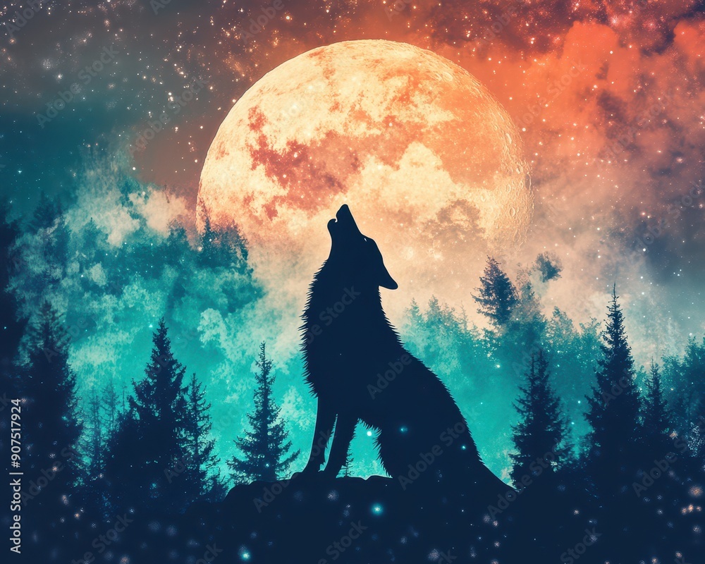 Wolf howling at the moon close up, focus on, copy space night sky, vibrant colors, double exposure silhouette with forest