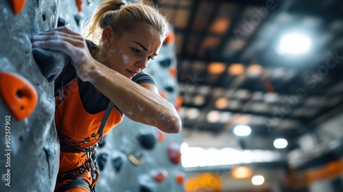 Blond girl scaling a bouldering wall, her muscles tensed and face showing concentration. She is using both hands and feet to grip various climbing holds, with a focus on the dynamic movement 