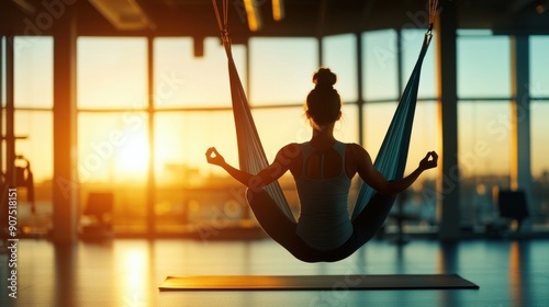 Woman in a comfortable yoga outfit performs aerial yoga in a hammock, positioned centrally with a blurred gym background. The scene captures the serene ambiance created by natural light, with ample