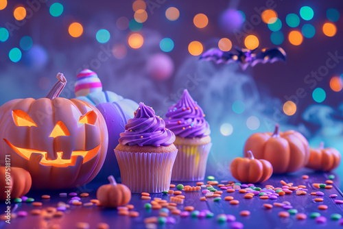 Halloween cupcakes with jack-o-lanterns and colorful bokeh lights