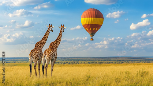 Two giraffes stand tall in a grassy field with an air balloon. Their necks reach high, looking over the land.
