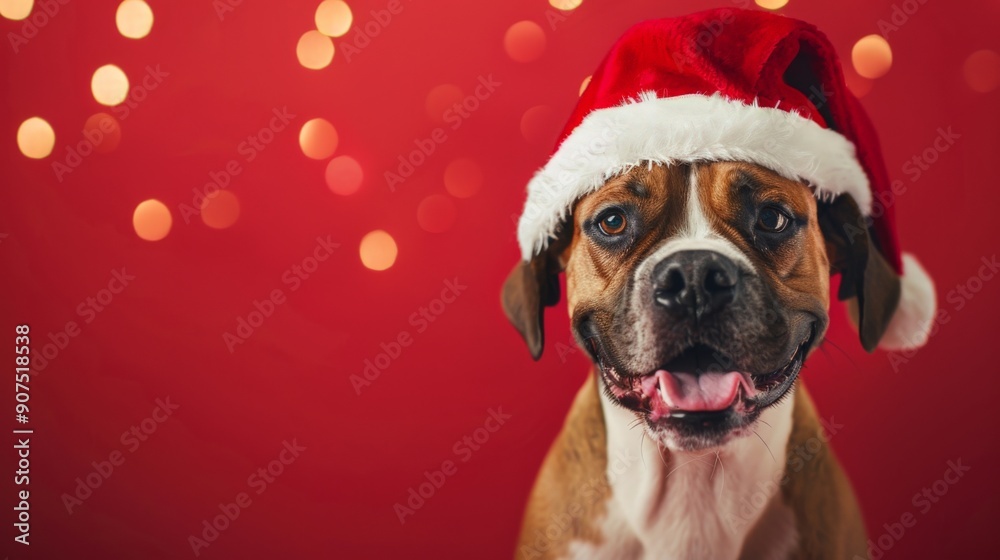 Adorable Boxer Dog in Santa Hat on Festive Holiday Background - Perfect for Christmas Cards and Seasonal Designs Adorable Boxer Dog in Santa Hat on Festive Holiday Background - Perfect for Christmas Cards and Seasonal Designs